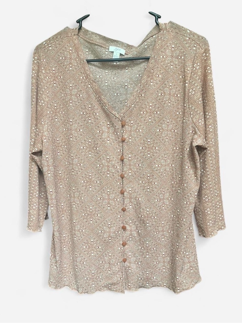 J Jill Tan Button Front 3/4 Sleeve Knit Lightweight Top  Sz Large Geometric